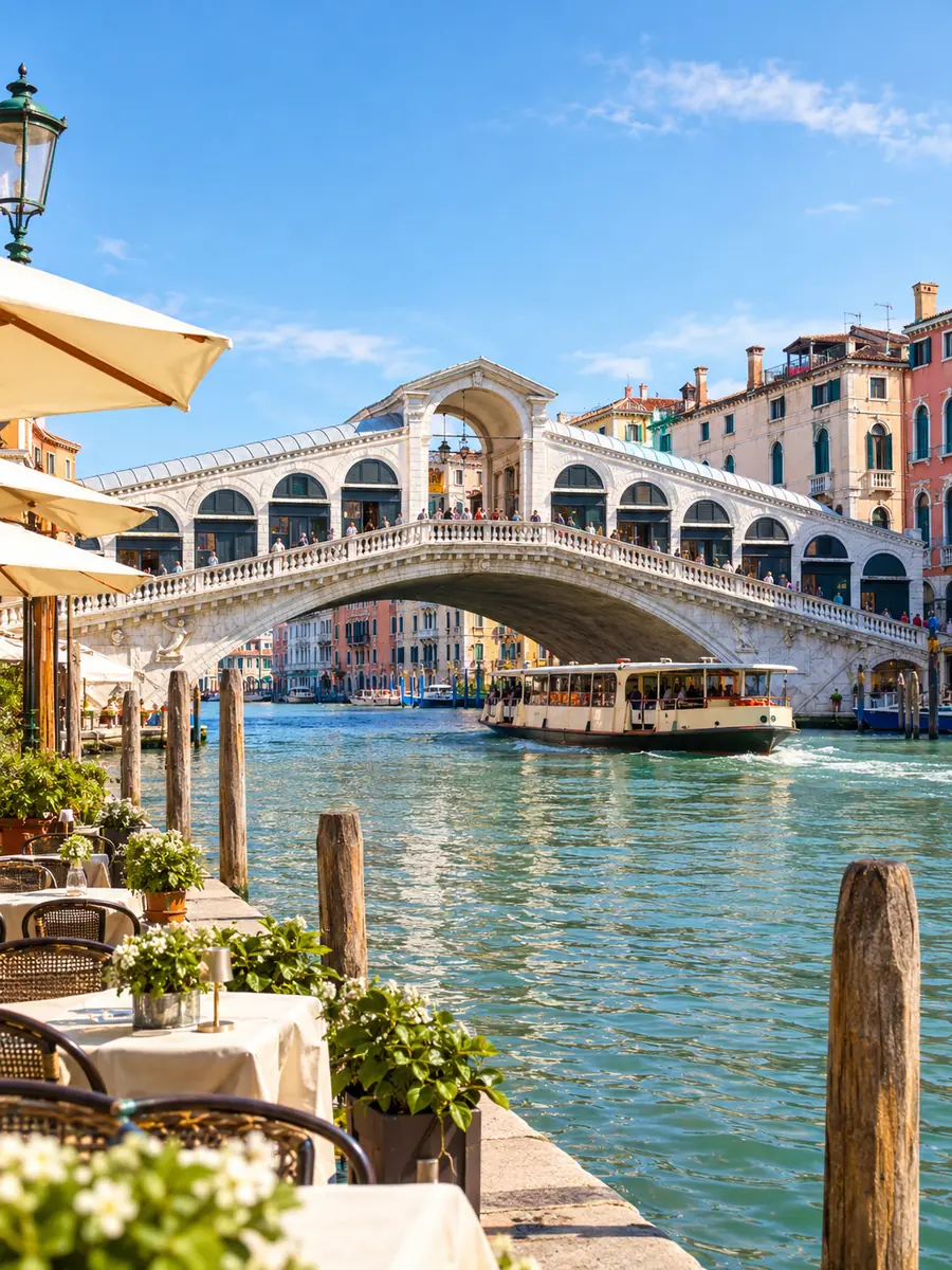 Die Rialto-Brücke von der Riva del Vin aus an einem sonnigen Tag, mit einem Vaporetto auf dem Canal Grande