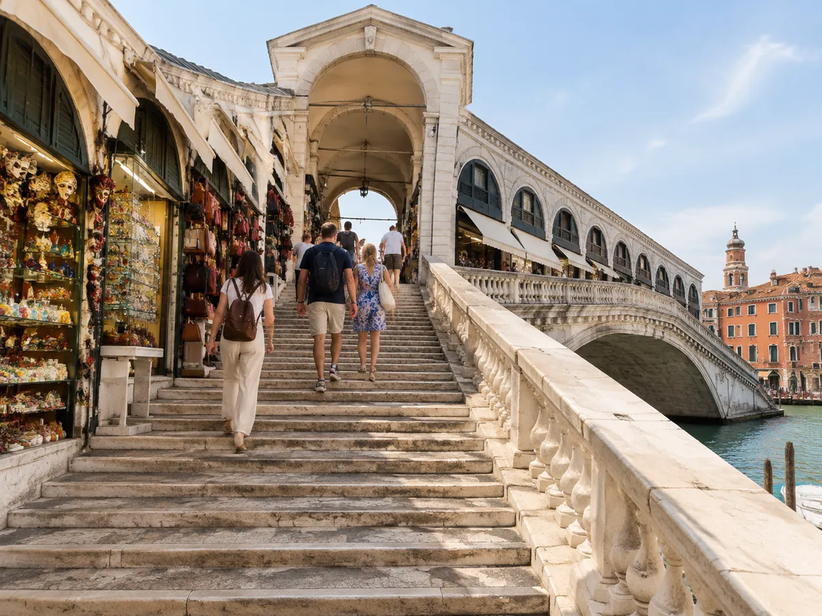Besucher, die die mittleren Stufen der Rialto-Brücke zwischen Reihen kleiner Läden hinaufgehen