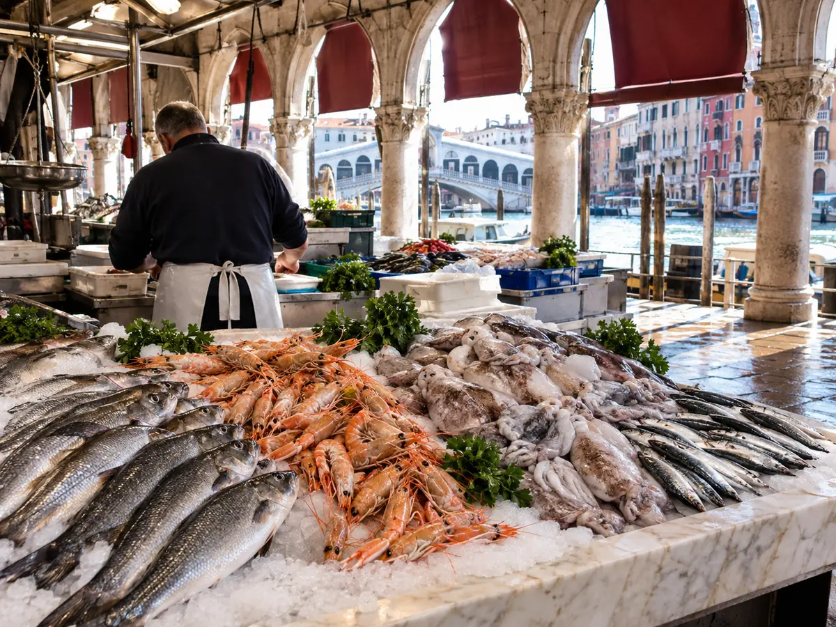 Ein Fischhändler hinter einer Marmortheke mit frischem Fisch und Garnelen unter den Arkaden des Fischmarkts von Rialto